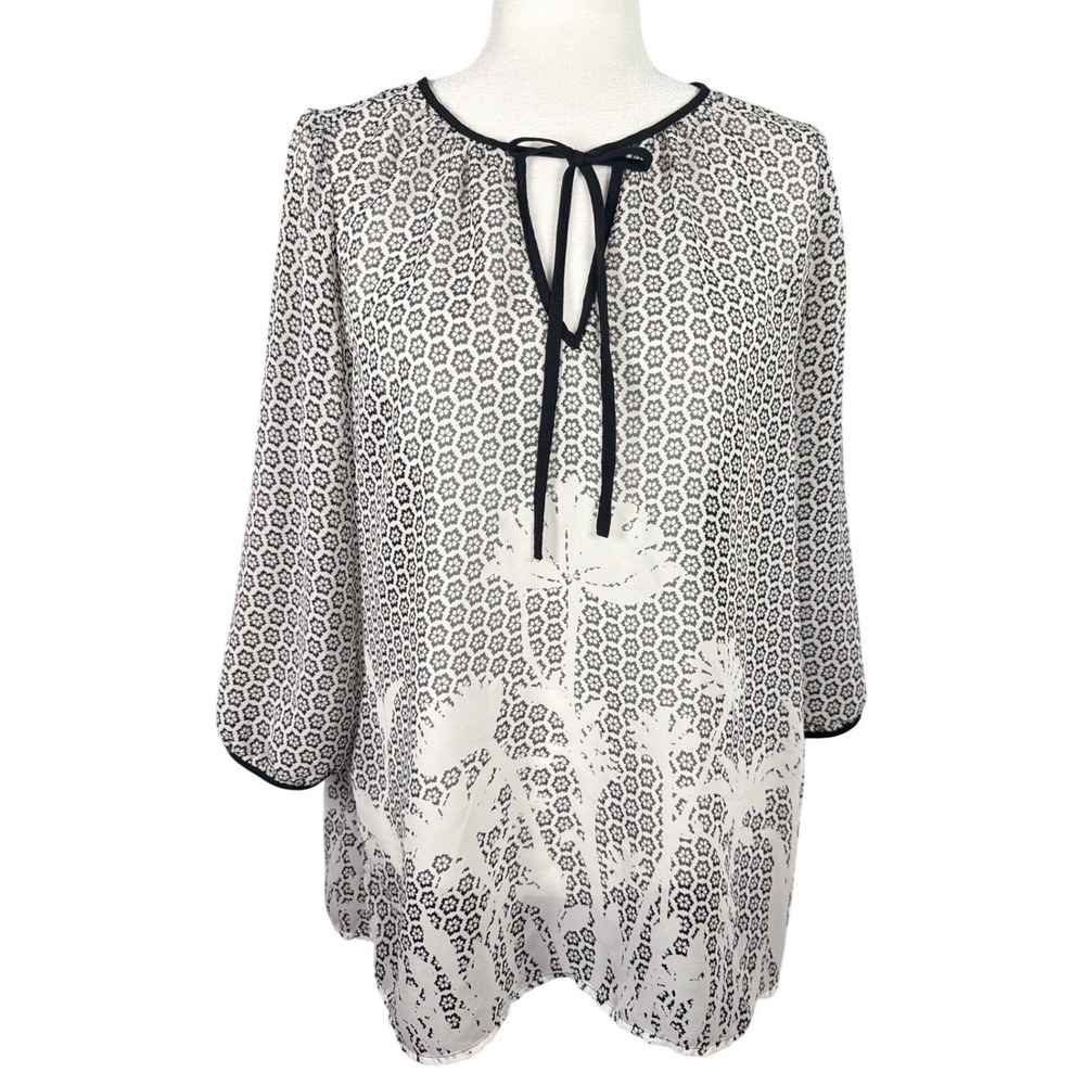 Ann Taylor Womens Black White Floral Geometric Tie Neck Blouse 3/4‎ Sleeve M